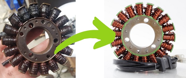 A burnt stator before rebuild alongside the same stator after being rebuilt by Rick's Motorsport Electrics