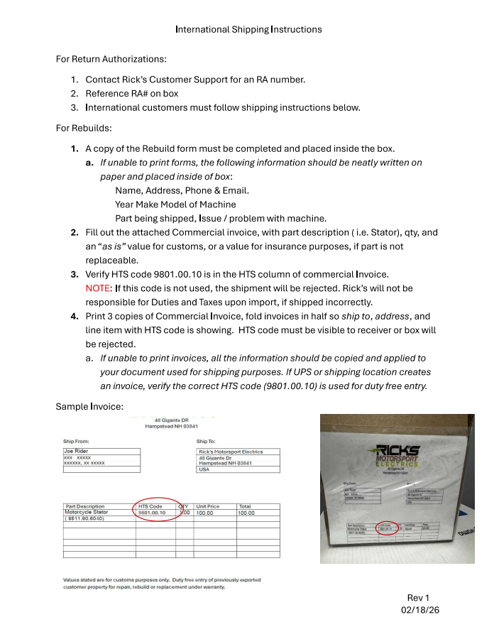 International shipping instructions for sending parts to Rick's Motorsport Electrics